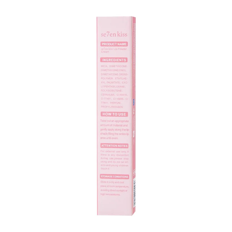 Se7en Kiss Lip Powder Cream in a sleek tube, offering velvet matte finish with waterproof and transfer-proof formula.